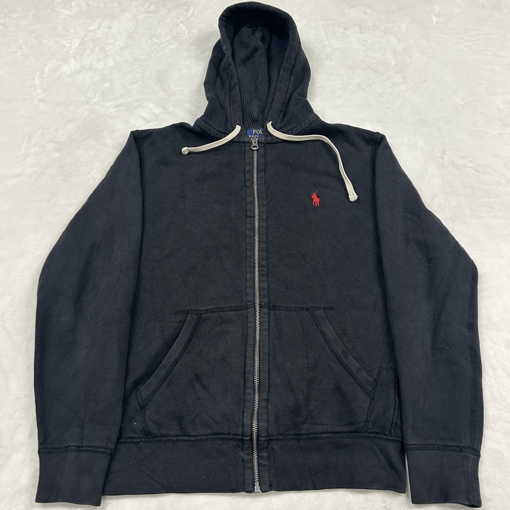 Polo Ralph Lauren Full Zip Hoodie Mens Small Black Red Pony Waffle Lined Hood